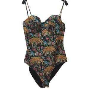 J. Crew Factory Black Floral Palm One-Piece Swimsuit